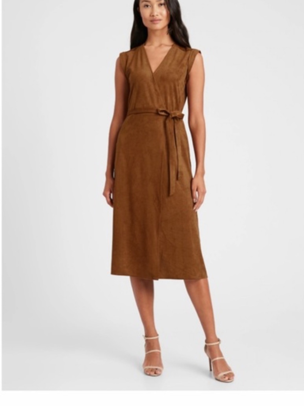 Banana Republic vegan suede wrap midi dress cognac brown medium tall